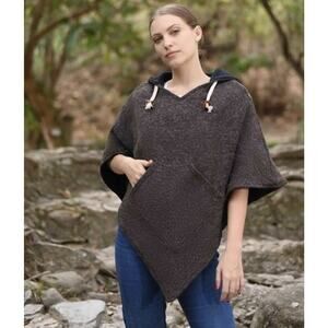 Virblatt Wool Hooded Poncho Brown Black Lining Pullover Drawstring Nepal L/XL